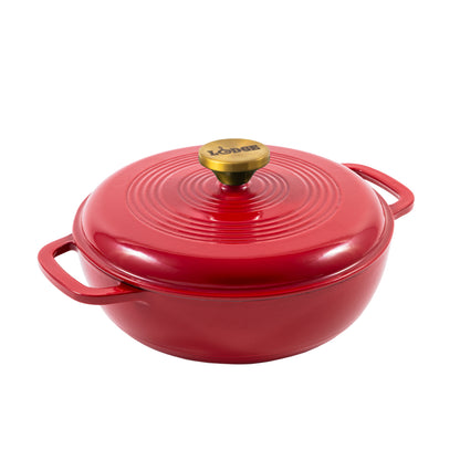 Ruby red enameled cast iron Dutch oven including a lid with gold knob.