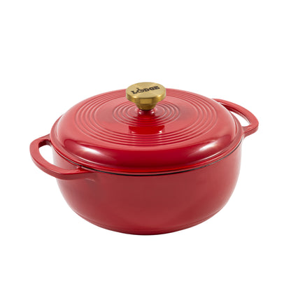 A red enameled cast iron Dutch oven with a matching lid and gold-tone knob, shown on a plain white background.