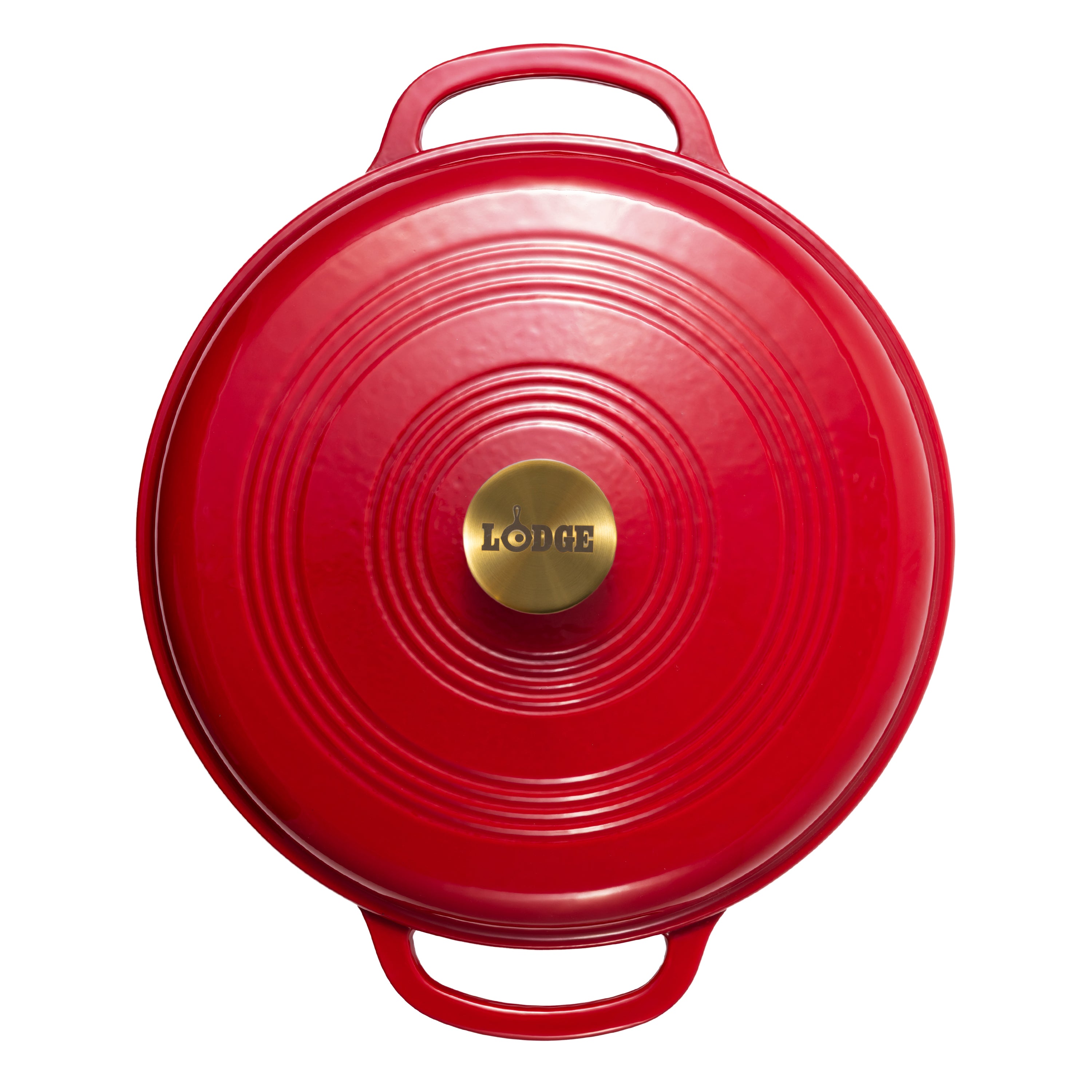 A red Lodge cast iron Dutch oven shown from a top-down view, featuring a circular lid with concentric ridges, two side handles, and a gold-colored center knob with the Lodge logo.