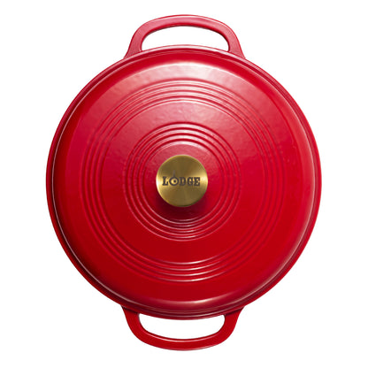 A red Lodge cast iron Dutch oven shown from a top-down view, featuring a circular lid with concentric ridges, two side handles, and a gold-colored center knob with the Lodge logo.