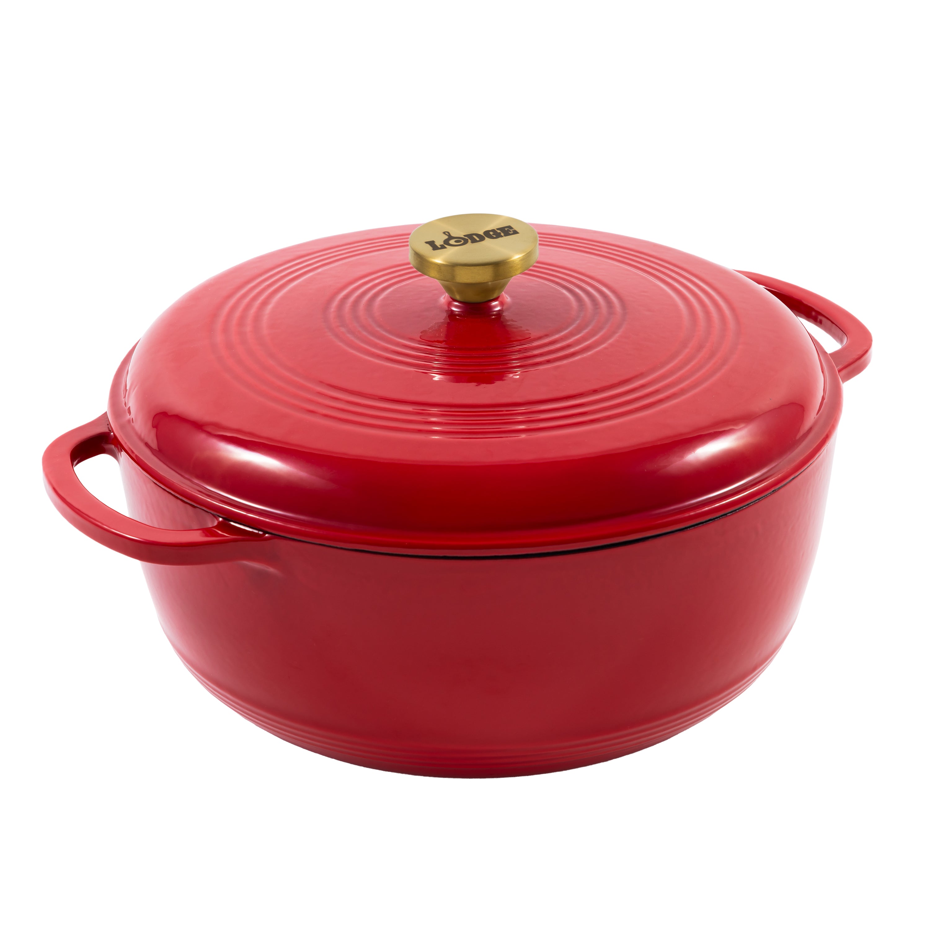 Ruby red enameled cast iron Dutch oven including a lid with gold knob.
