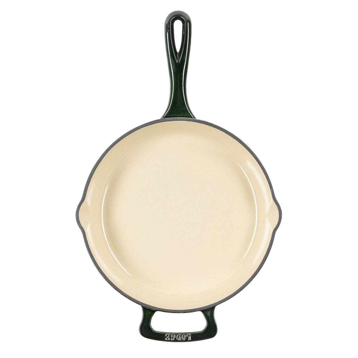 A top down view of skillet showing cream interior and 2 pour spouts, with a long handle and assist handle on each side.
