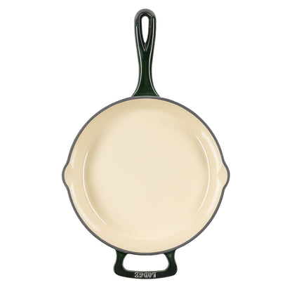 A top down view of skillet showing cream interior and 2 pour spouts, with a long handle and assist handle on each side.