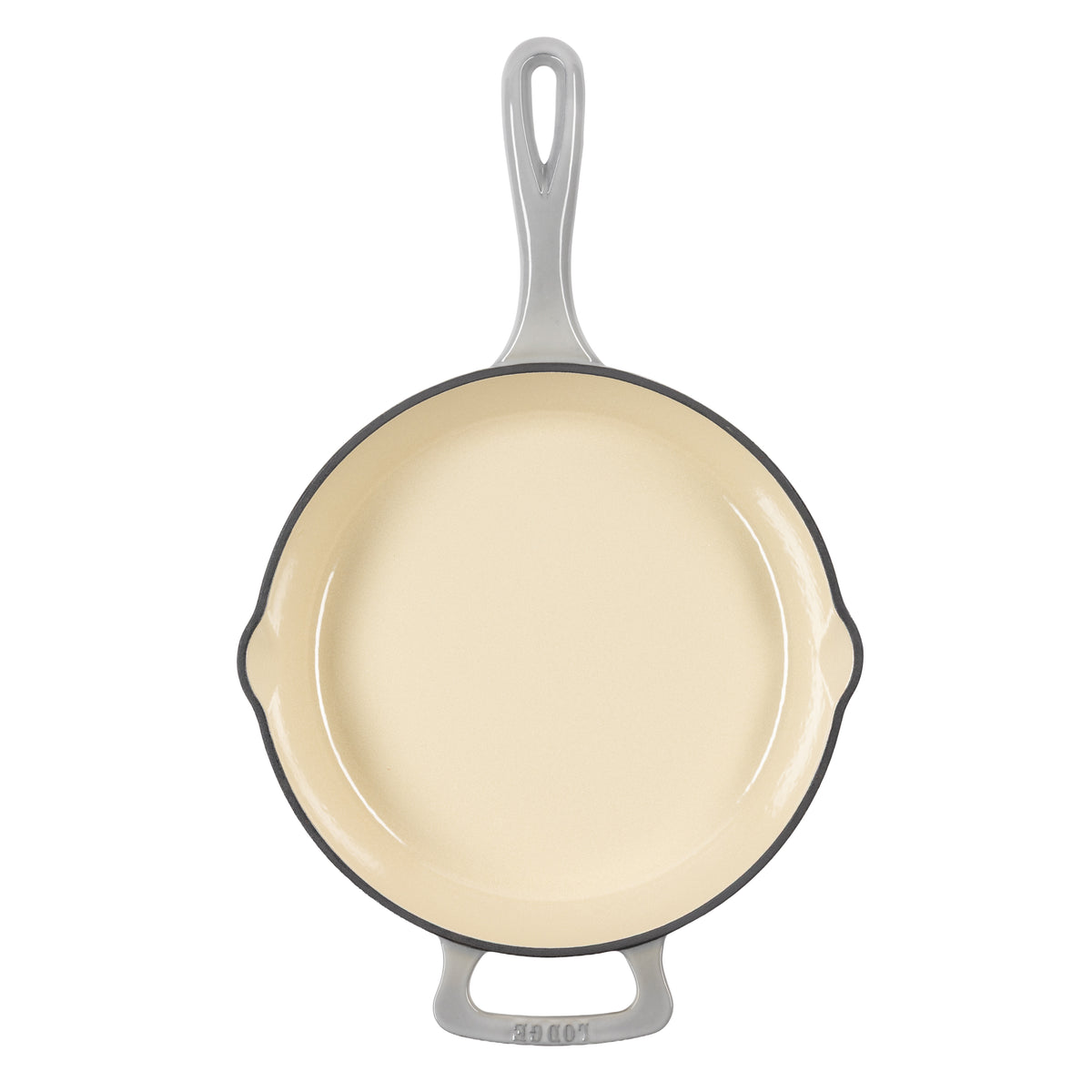 A top down view of skillet showing cream interior and 2 pour spouts, with a long handle and assist handle on each side.
