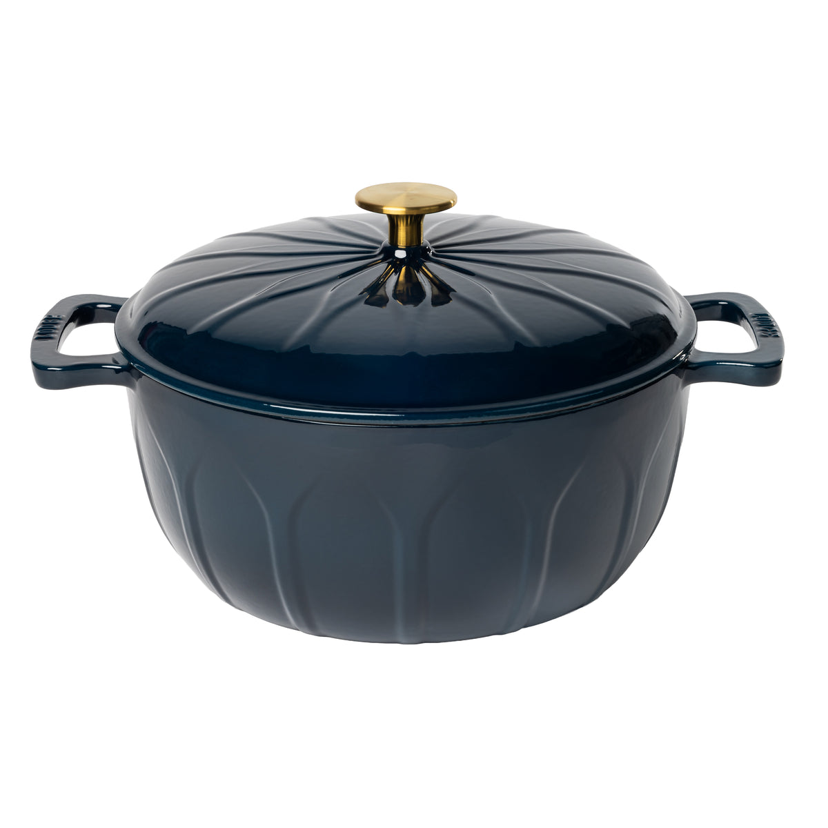 A dark navy blue enameled cast iron pot with a matching lid, featuring a ribbed pumpkin-like design, side handles, and a gold-toned knob.