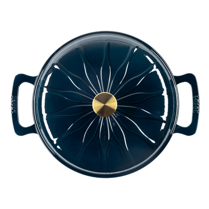 Top down view of enameled cast iron pot with a matching lid, featuring a central gold knob and radial lines on the lid.