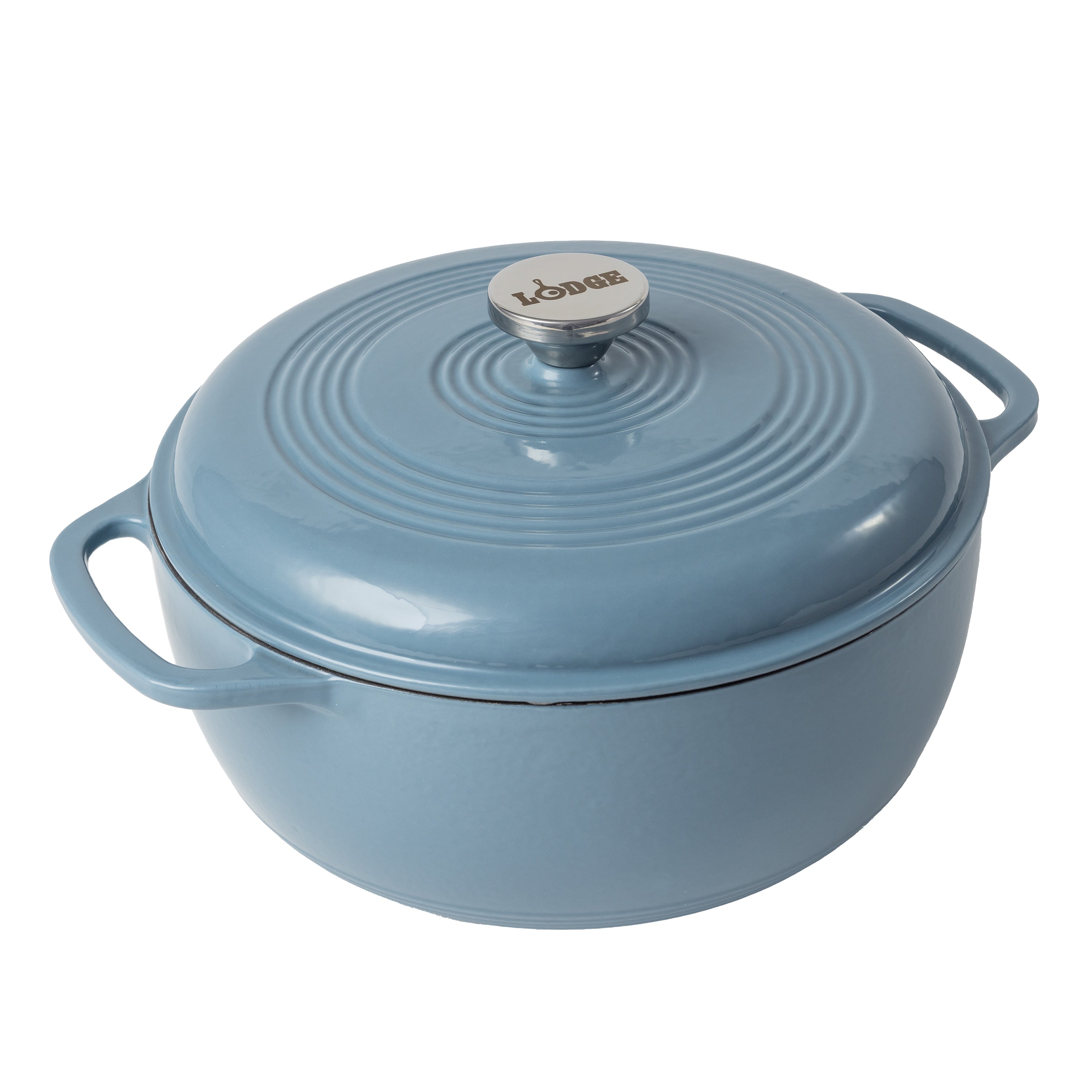 Heron blue enameled cast iron Dutch oven including a lid with silver knob.