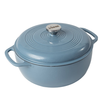 Heron blue enameled cast iron Dutch oven including a lid with silver knob.
