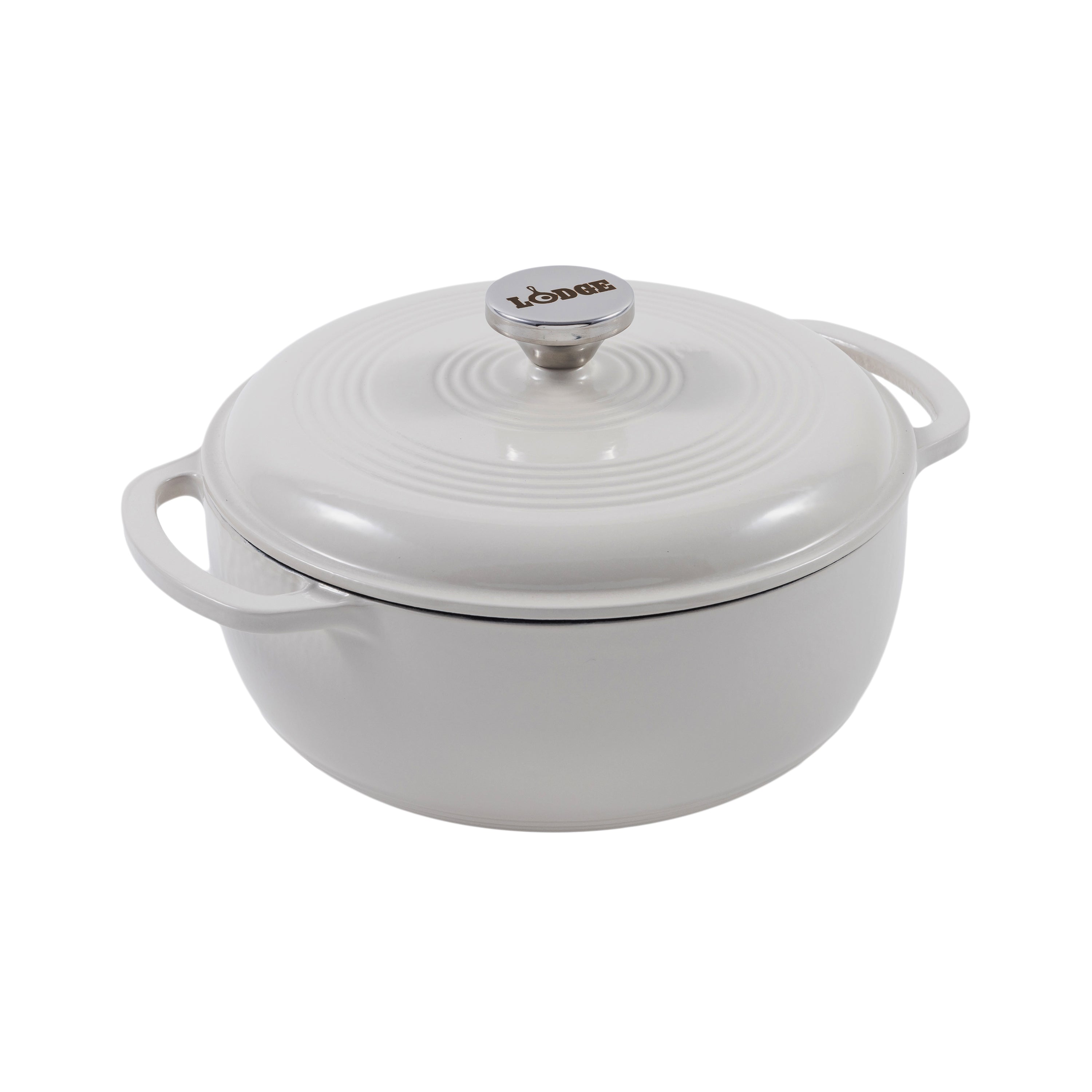 Oyster white enameled cast iron Dutch oven including a lid with silver knob.