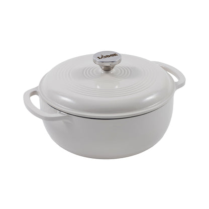 Oyster white enameled cast iron Dutch oven including a lid with silver knob.