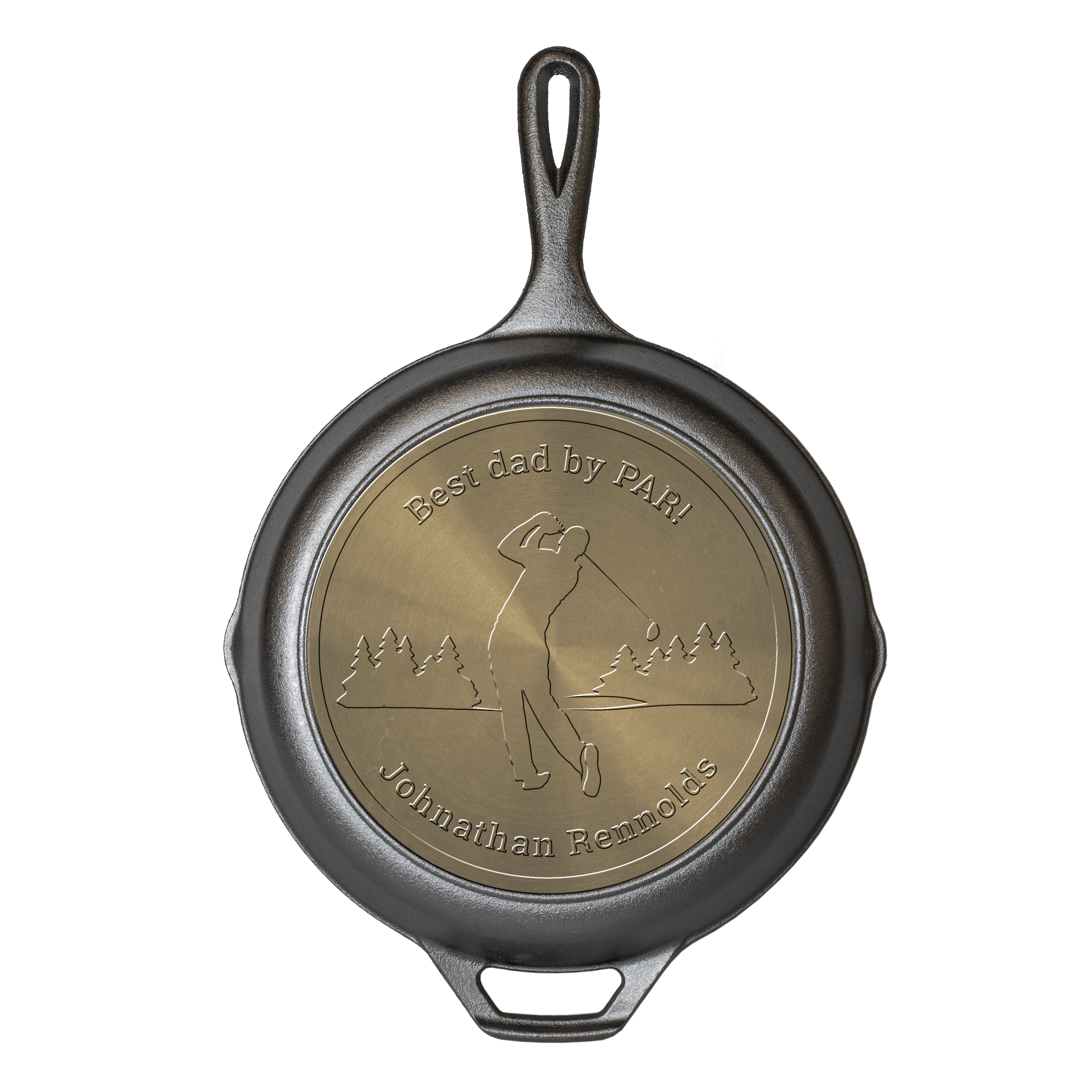 Personalized skillet with editable text fields on top and bottom arc which goes around engraved image of golfer driving ball between wooded areas.