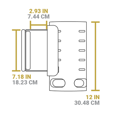 Dimensional drawing of product. Height is 12 inches, length of handle is 7.18 inches, width of handle is 2.93 inches.