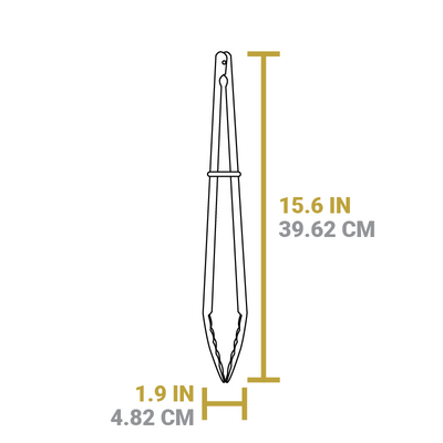 Dimensional drawing of product. Length is 15.6 inches, width of closed tongs is 1.9 inches.