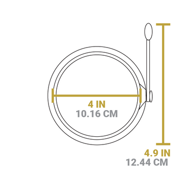 Dimensional drawing of product. Diameter of circle is 4 inches, length including handle is 4.9 inches.