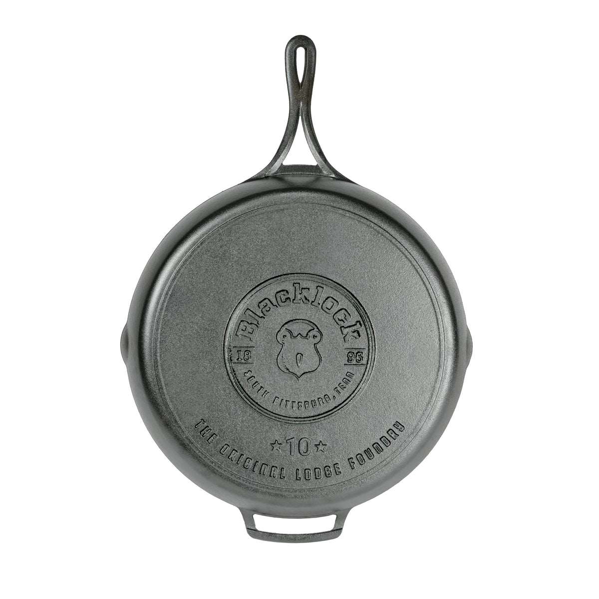 A cast iron skillet shown from the back, featuring circular embossed logo for 'Blacklock'.