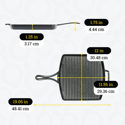 Dimensional drawing of product. Height of handle is 1.75 inches from bottom, depth of cooking surface is 1.25 inches, length and width of cooking surface is 11.56 inches, total length including handles is 19.06 inches, total width is 12 inches.