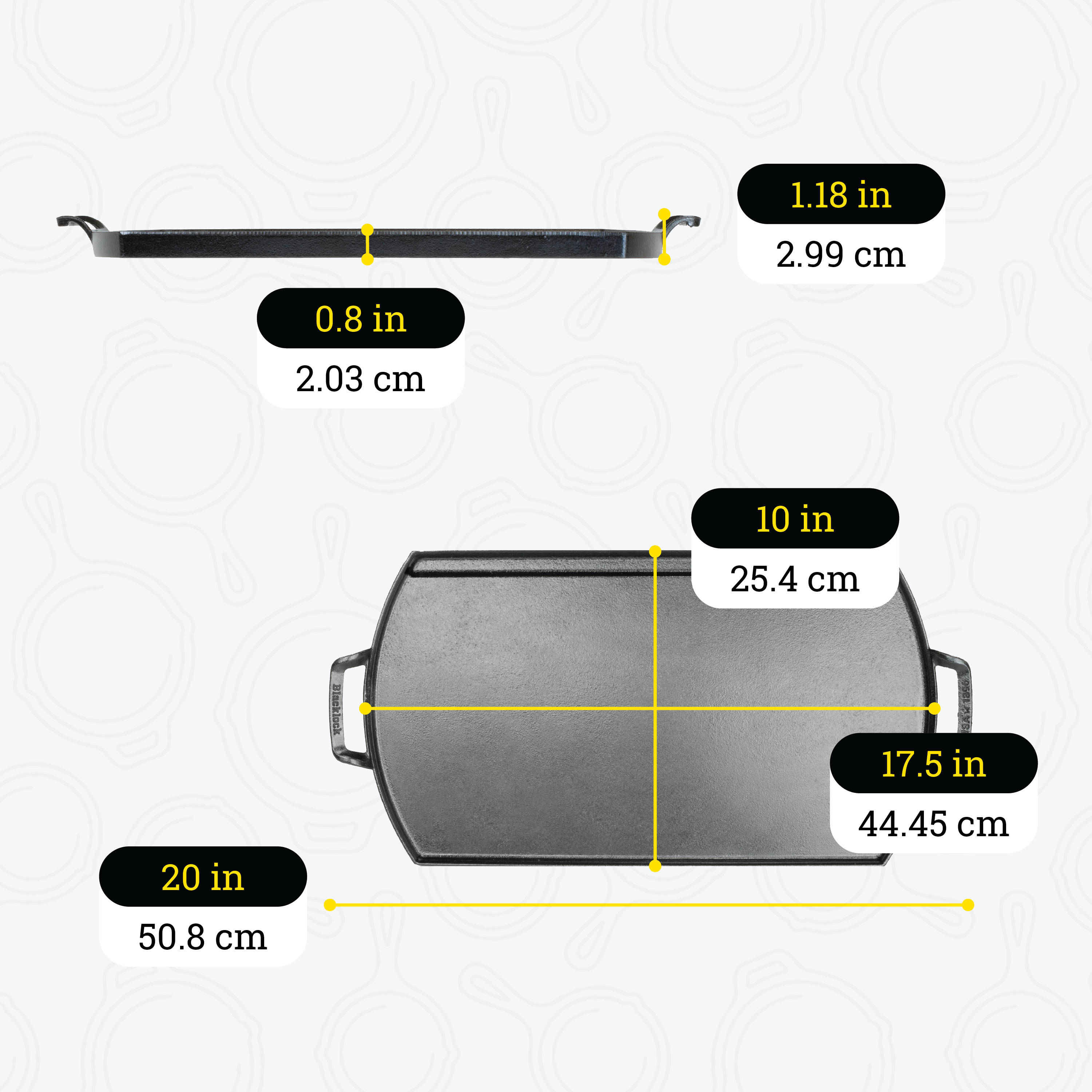 Dimensional drawing of product. Height of cooking surface is 0.8 inches, height including handles is 1.18 inches, width of cooking surface is 17.5 inches, total width including handles is 20 inches, total length is 10 inches.