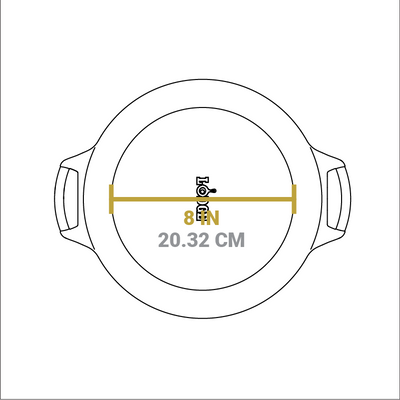 Dimensional drawing of Baker's Skillet. Width of flat bottom is 8 inches.