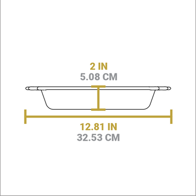 Dimensional drawing of Baker's Skillet. Height is 2 inches, width is 12.81 inches.