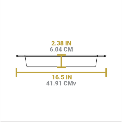 Dimensional drawing of casserole pan. Total length is 16.5 inches, height is 2.38 inches.