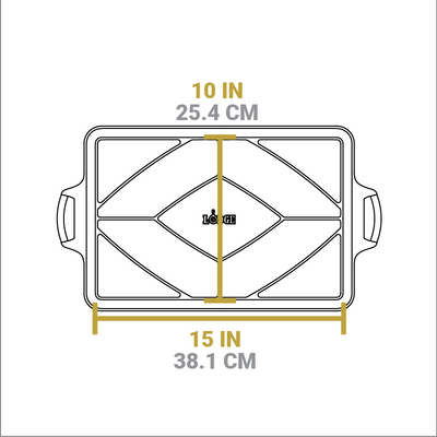 Dimensional drawing of baking pan. Length of flat bottom is 10 inches, width of flat bottom is 15 inches.