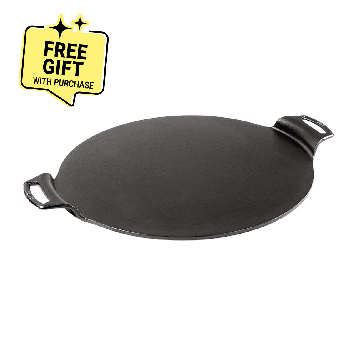 Circular pizza pan with 2 handles and a no edges. Featuring a badge saying "Free Gift with Purchase".