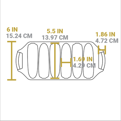Dimensional drawing of product. Length of pan is 6 inches, length of handle from pan is 1.86 inches, length of corn well is 5.5 inches, width of corn well is 1.69 inches.