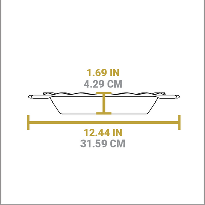 Dimensional drawing of pie pan. Height is 1.69 inches, total width including handles is 12.44 inches.
