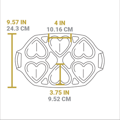 Dimensional drawing of product. length of pan is 9.57 inches, width of heart molds is 4 inches, and length of heart molds is 3.75 inches.