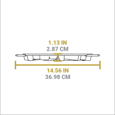 Dimensional drawing of product. Total width including handles is 14.56 inches, height is 1.13 inches.