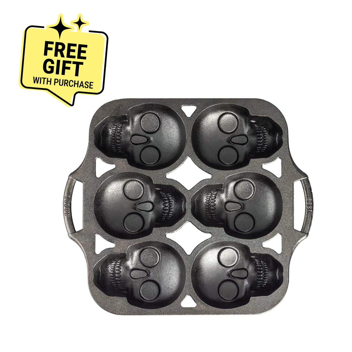 Mini cake pan with 6 skull shaped cups. Featuring a badge saying "Free Gift with Purchase".