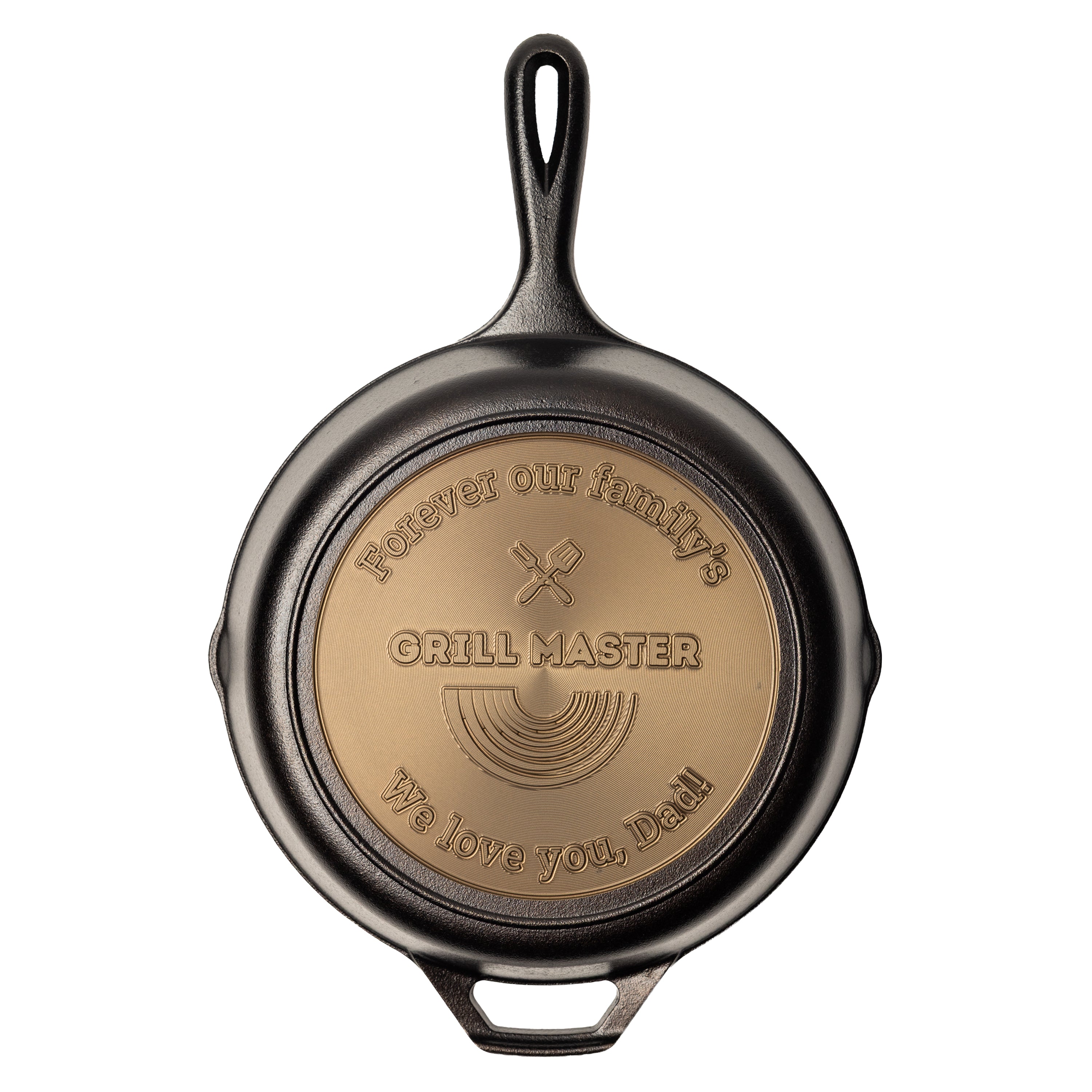 Personalized skillet featuring engraved grilling utensils and accent curves with editable text fields between the two icons and on the top and bottom arc.