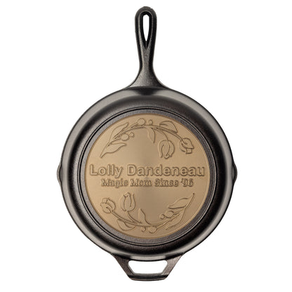 Personalized skillet with tulips curving around two editable texts fields.