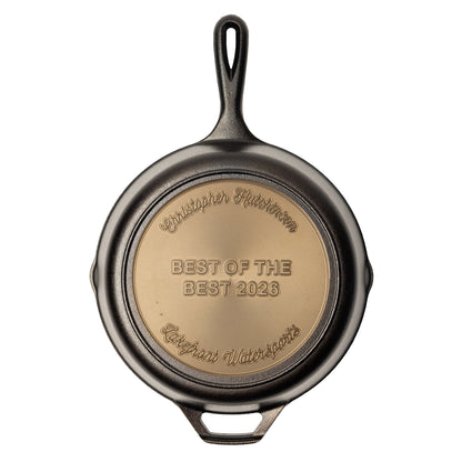 Customizable cast iron skillet with 'Best of the Best 2026' engraving in the custom fields.