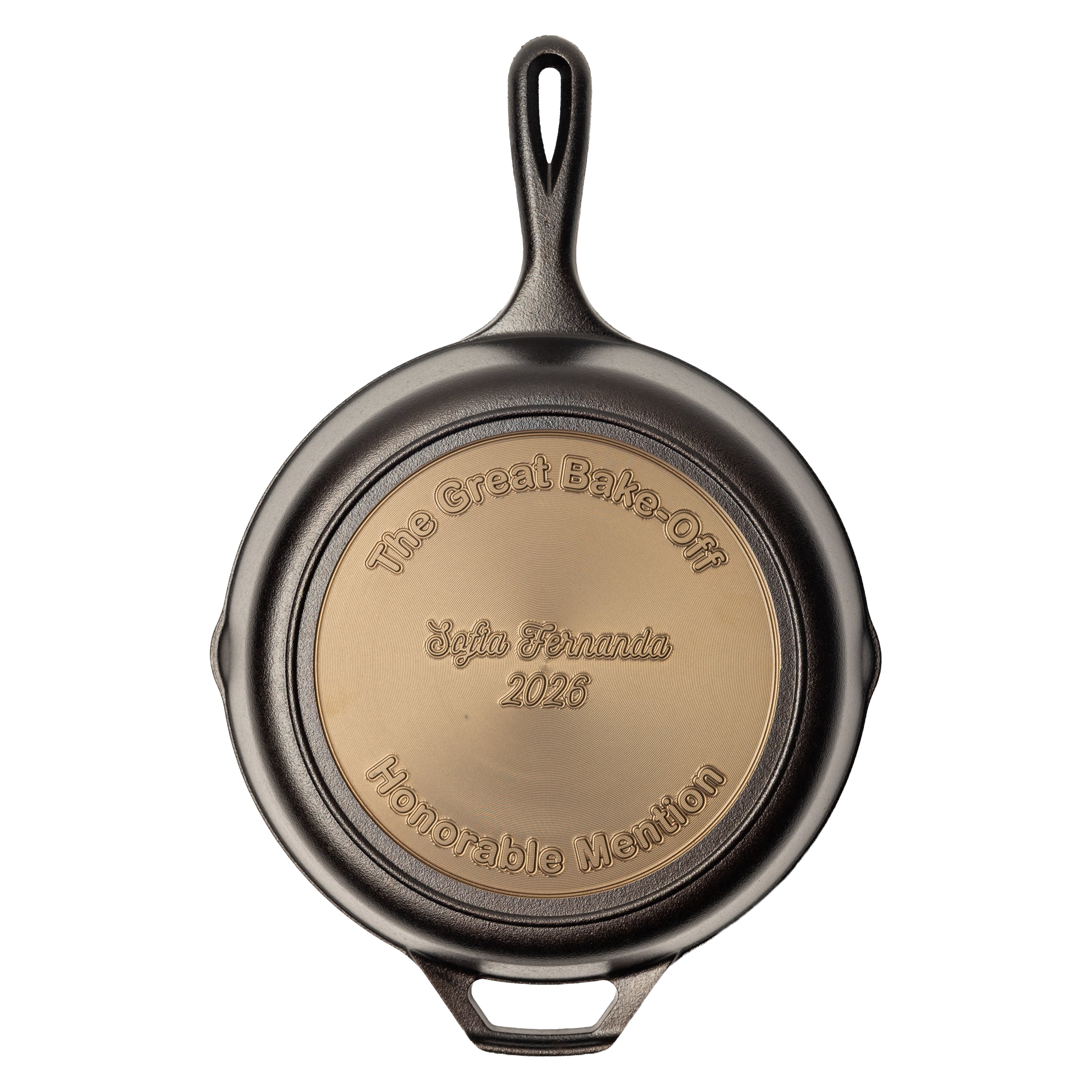 Personalized skillet featuring editable engraved text used to present an award.