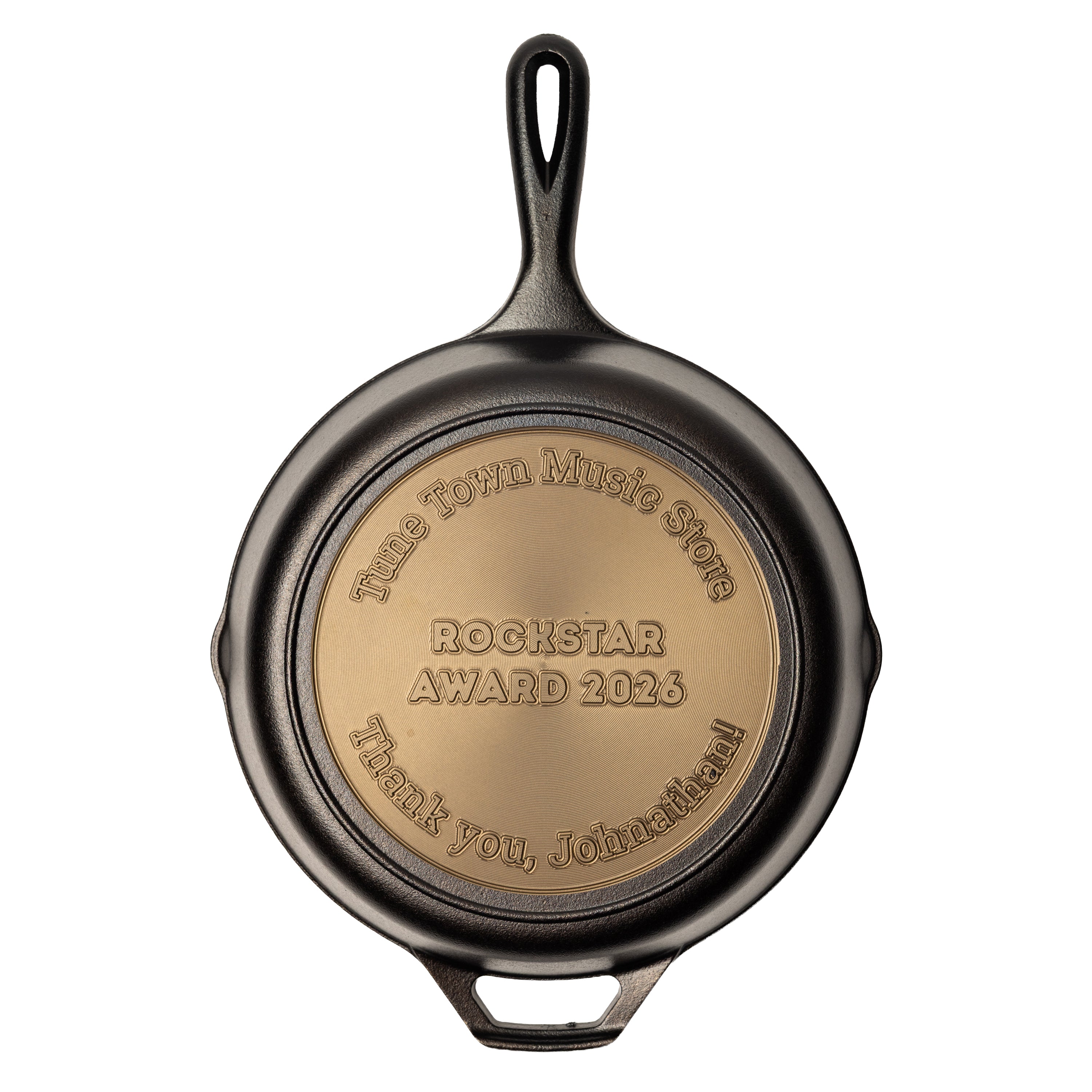 Custom engraved text skillet with 4 different editable fields: top and bottom arc, two lines centered in the middle.