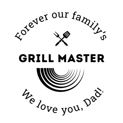 Personalized skillet featuring engraved grilling utensils and accent curves with editable text fields between the two icons and on the top and bottom arc.
