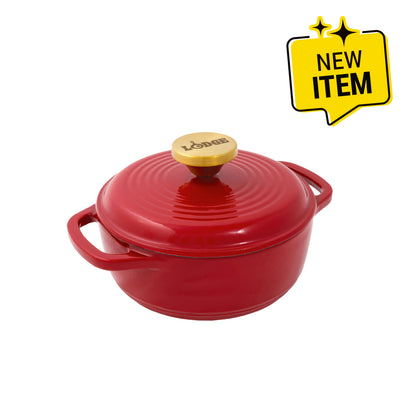 Ruby red enameled cast iron Dutch oven including a lid with gold knob. A badge saying "New Item" displayed in corner.