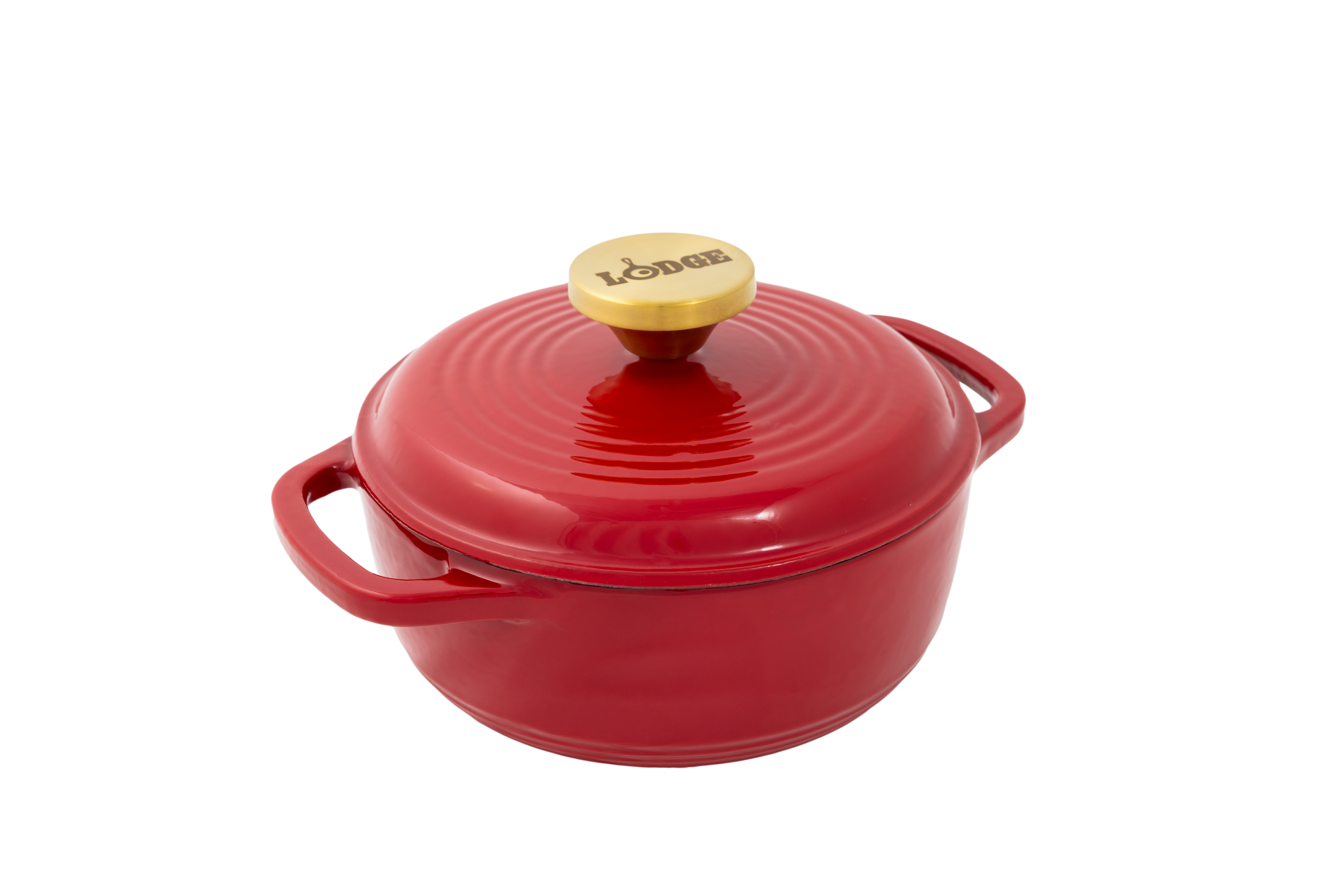 Ruby red enameled cast iron Dutch oven including a lid with gold knob.