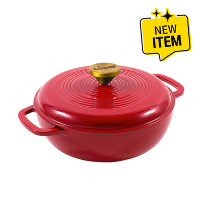 A red enameled cast iron Dutch oven with a matching lid and gold-tone knob, shown on a white background with a yellow 'NEW ITEM' badge in the top right corner.