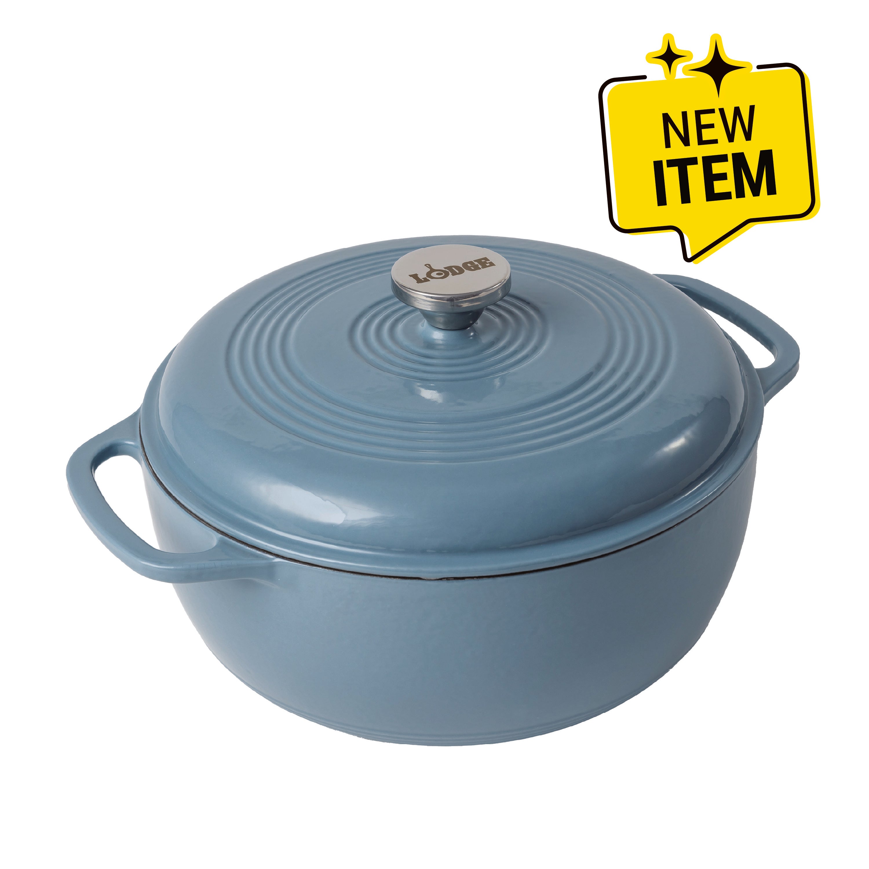 Heron blue enameled cast iron Dutch oven including a lid with silver knob. A badge saying "New Item" displayed in corner.