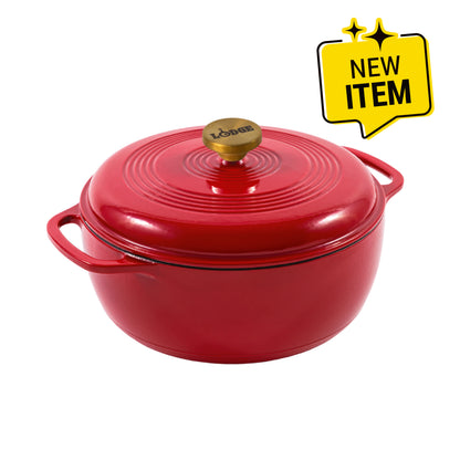 Ruby red enameled cast iron Dutch oven including a lid with gold knob. A badge saying "New Item" displayed in corner.