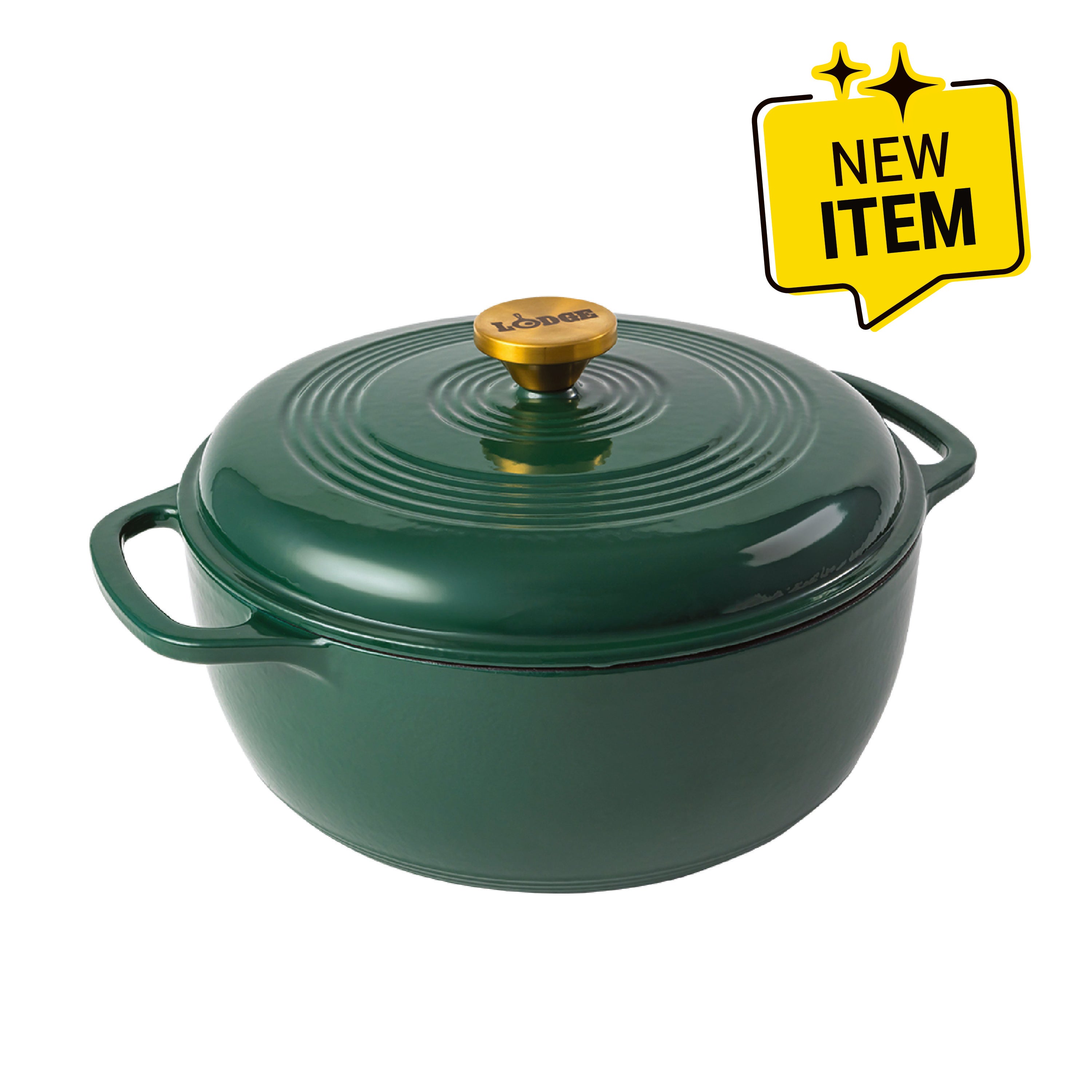 Emerald green enameled cast iron Dutch oven including a lid with gold knob. A badge saying "New Item" displayed in corner.