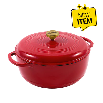 Ruby red enameled cast iron Dutch oven including a lid with gold knob. A badge saying "New Item" displayed in corner.