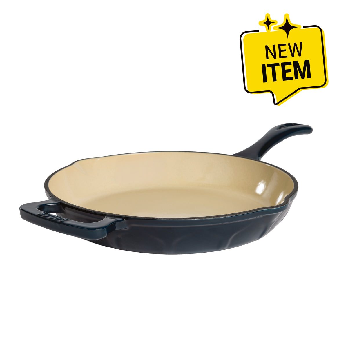 A blue enameled cast iron skillet with a cream-colored interior and a black rim, shown from a three-quarters angle on a white background. A badge saying "New Item" is displayed in top corner.
