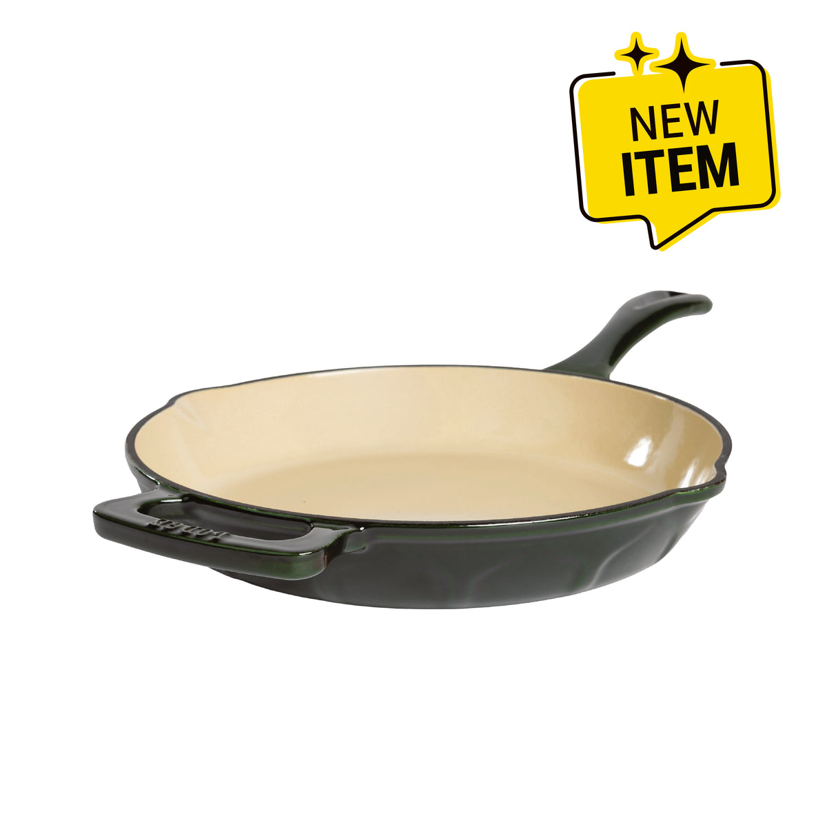 A green enameled cast iron skillet with a cream-colored interior and a black rim, shown from a three-quarters angle on a white background. A badge saying "New Item" is displayed in top corner.
