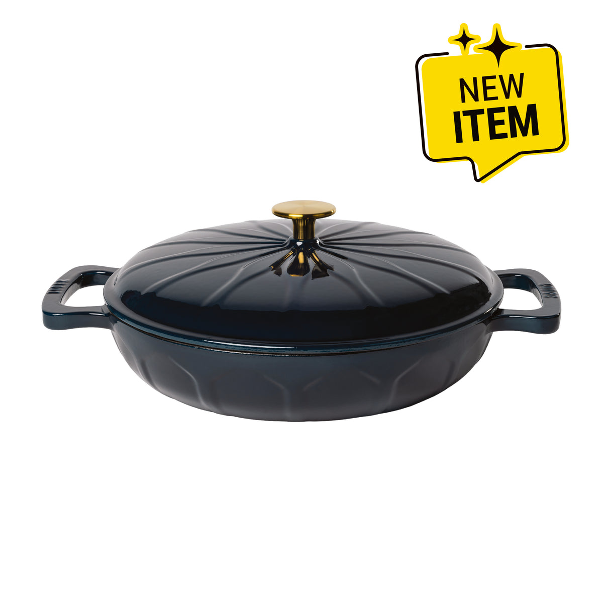 A dark navy blue enameled cast iron lidded casserole dish with side handles, a gold-tone knob, and a sunburst pattern. A badge saying "New Item" is displayed in top corner.