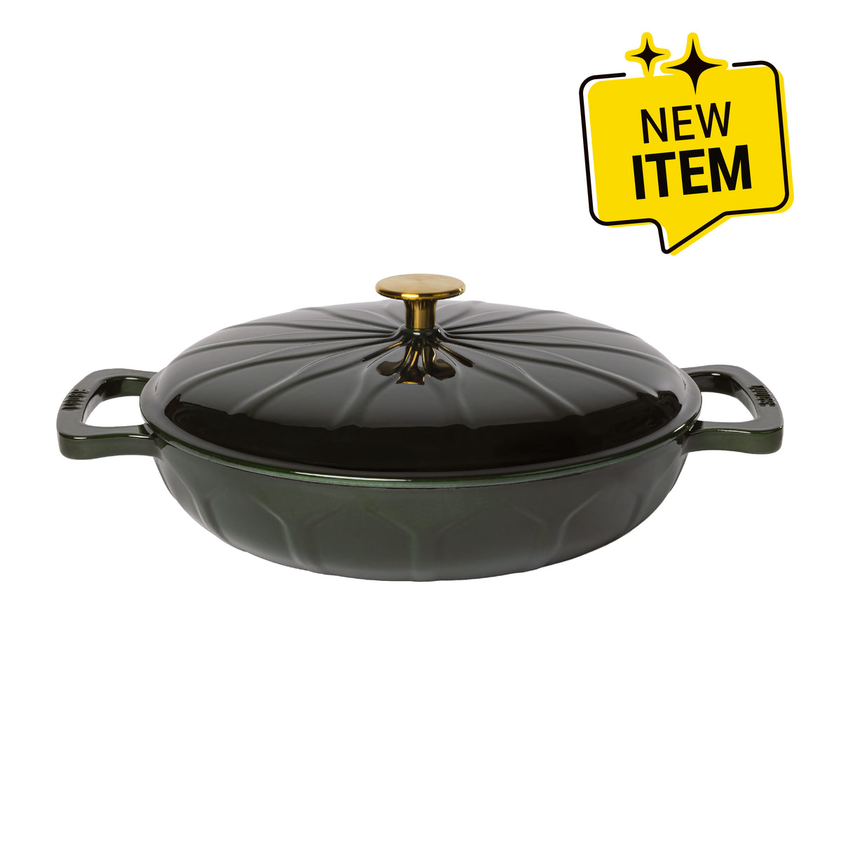 A dark green enameled cast iron lidded casserole dish with side handles, a gold-tone knob, and a sunburst pattern. A badge saying "New Item" is displayed in top corner.