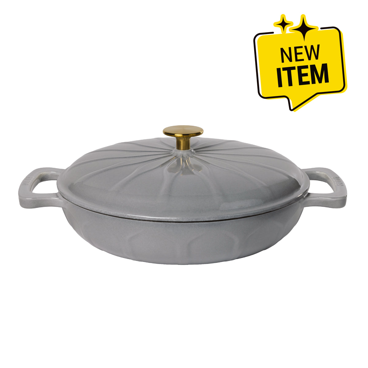 A light gray enameled cast iron lidded casserole dish with side handles, a gold-tone knob, and a sunburst pattern. A badge saying "New Item" is displayed in corner.
