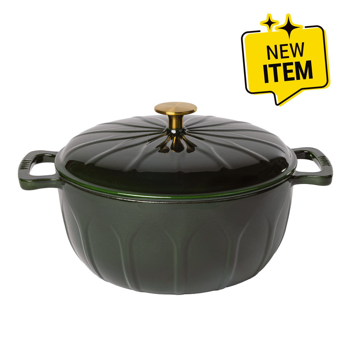 A dark green enameled cast iron pot with a matching lid, featuring a ribbed pumpkin-like design, side handles, and a gold-toned knob. A badge saying "New Item" is displayed in corner.